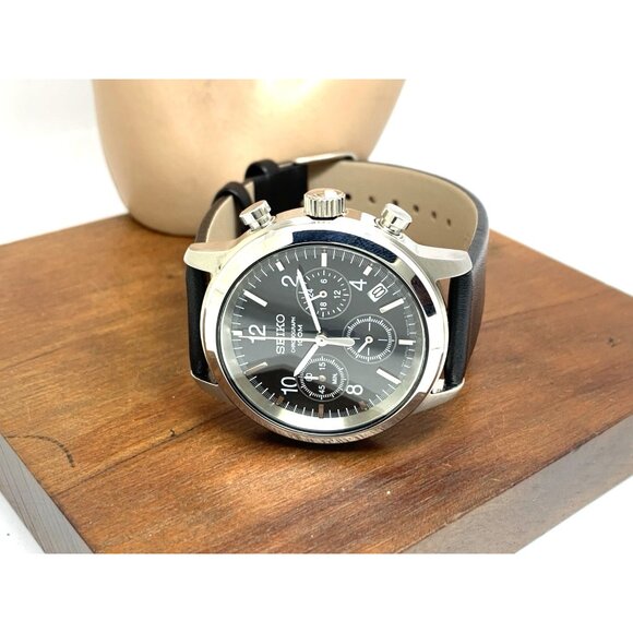 Seiko Men's Watch SSB007 Quartz Chronograph Black Dial Leather Strap 40mm - Picture 8 of 14